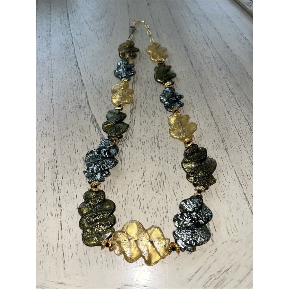 Perini necklace Murano glass leaf twist autumn  Multicolored beaded 22”